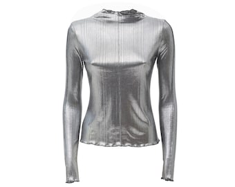 Glitter-effect getailleerde blouse met lange mouwen zilver / Fashion Basic grijze blouse / Designer blouse voor dames / Vintage klassieke romantische blouse