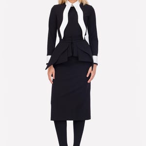 Evening Peplum Belted Dress Black - Two-Piece Set /Designer Fitted Midi Dress With Belt /Women Fashion Set / Dress long sleeves/ Party Dress image 8
