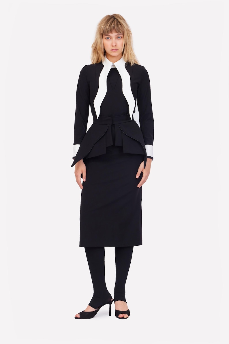 Evening Peplum Belted Dress Black - Two-Piece Set /Designer Fitted Midi Dress With Belt /Women Fashion Set / Dress long sleeves/ Party Dress image 8