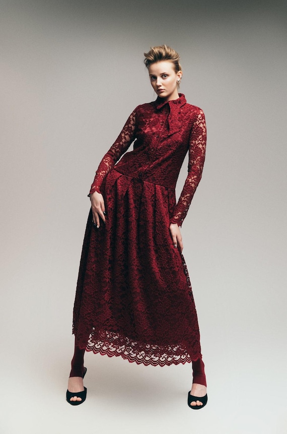 knee length dresses for ladies Alex | Navy Chunky Lace Maxi Tie Front Shirt Dress main image 1