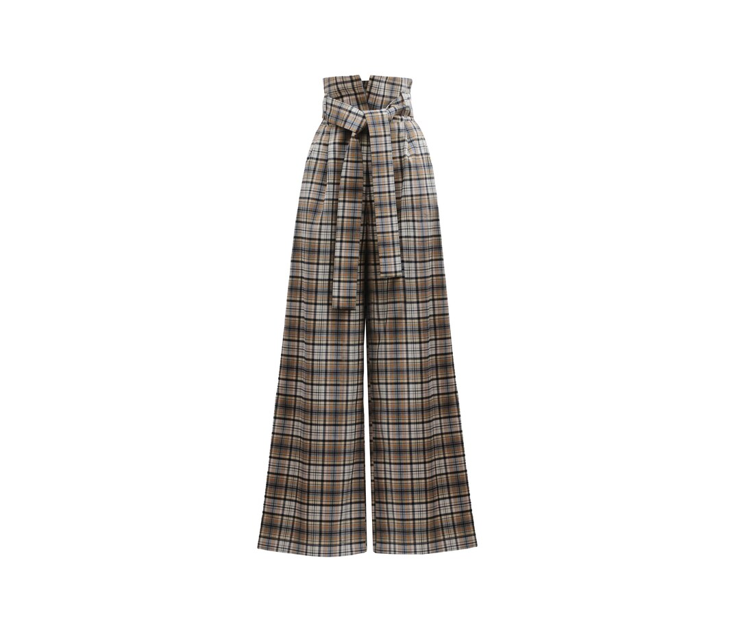 High Waist Long Wide Leg Trousers Beige Black Plaid Formal Trousers High Waist Long Wide Leg Trousers Beige Black Plaid Formal Trousers