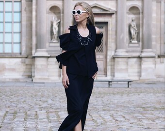 [RECTO] / ☆ 25SS FRONT SLIT LONG SKIRT / BLACK 90's Black Velvet Slit Maxi Skirt (25
