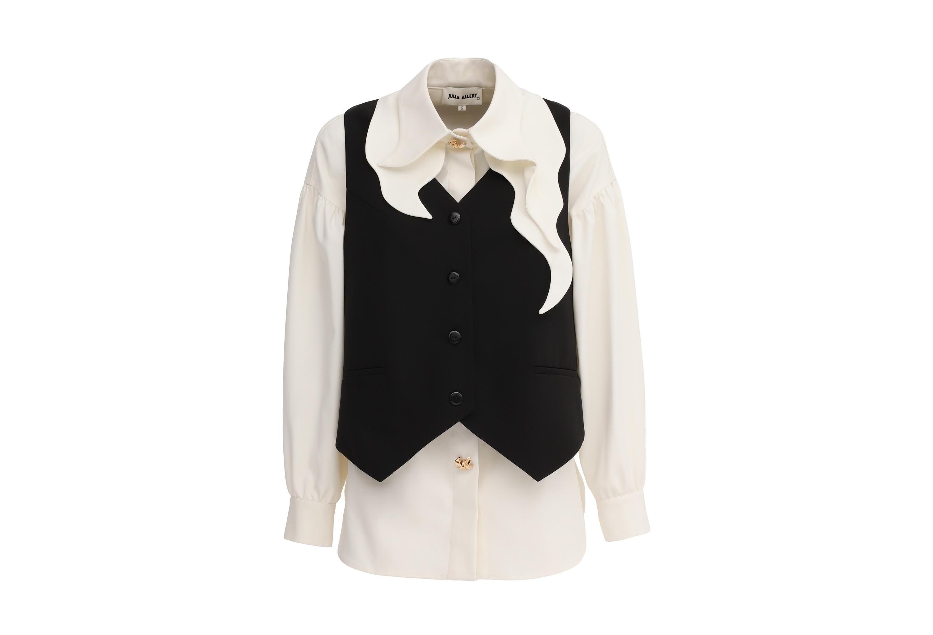 Vintage-Inspired Blouse And Suit Style Vest - Set Ivory & Black M Vintage-Inspired Blouse And Suit Style Vest - Set Ivory & Black M