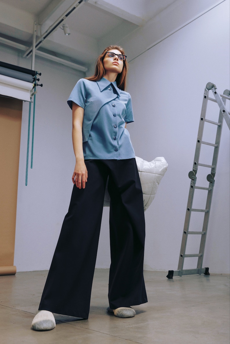 Fashion Black Wide Leg Trousers Jersey for Women / Women Casual Baggy Pants / High Waisted Designer Trousers 3 colors image 9