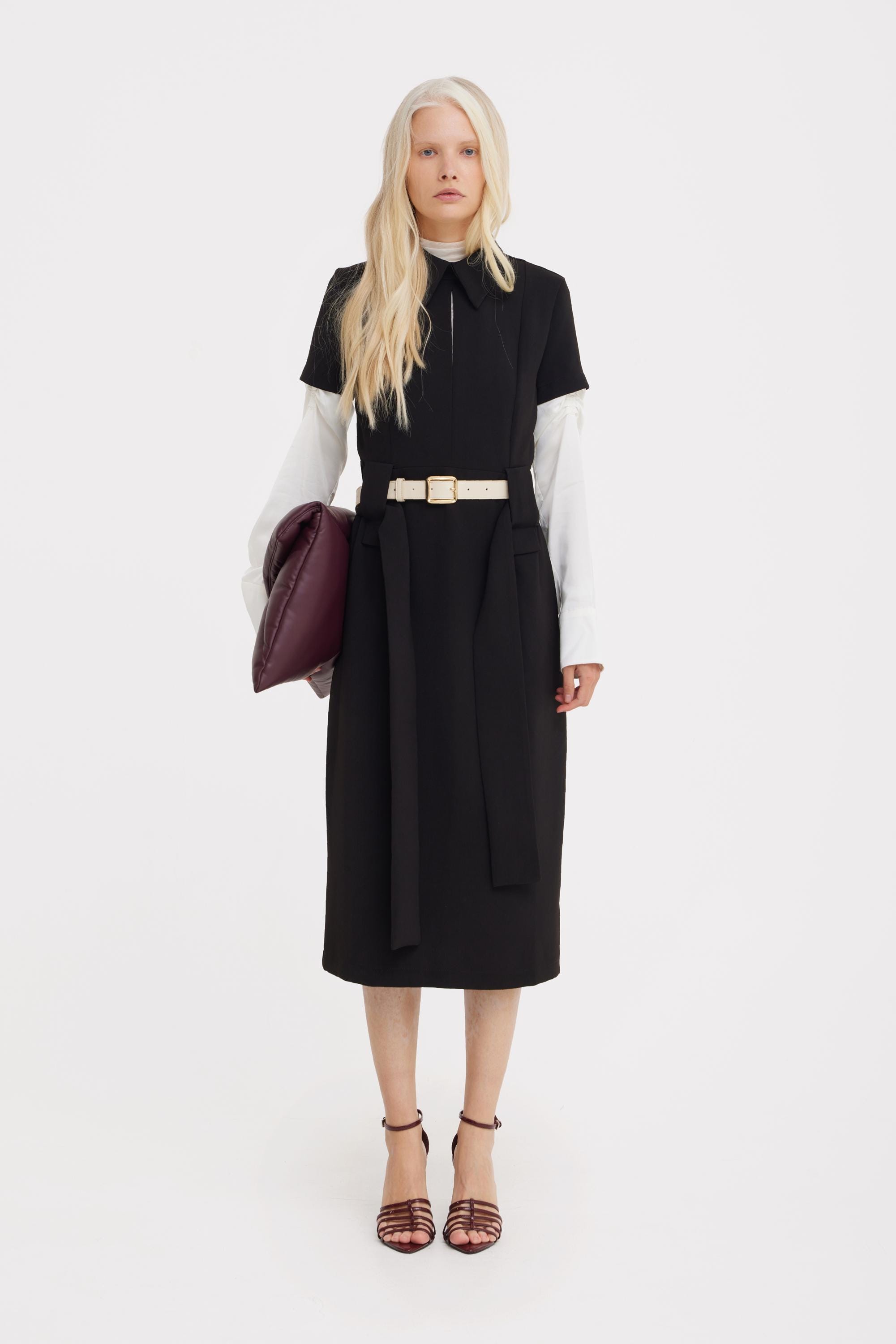 Midi Black Dress With Belt / Fitted Dress / Collared Midi Dress With Wide Belt / Casual & Elegant Black Dress