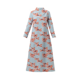 Dragonfly Print A-Line Light Blue Long Dress / Printed Dress / Stylish Dress Women / Long Sleeve A-line Dress / Designer Ankle Lenght Dress image 1