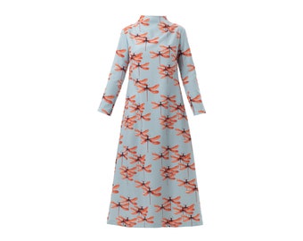 Dragonfly Print A-Line Light Blue Long Dress / Printed Dress / Stylish Dress Women / Long Sleeve A-line Dress / Designer Ankle Lenght Dress