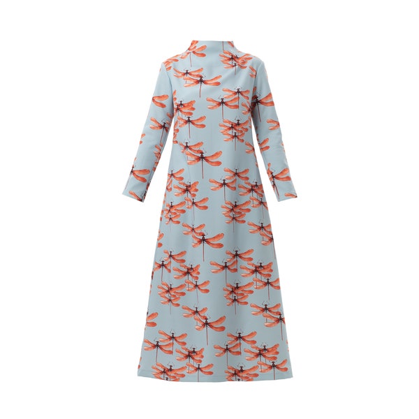 Dragonfly Print A-Line Light Blue Long Dress / Printed Dress / Stylish Dress Women / Long Sleeve A-line Dress / Designer Ankle Lenght Dress