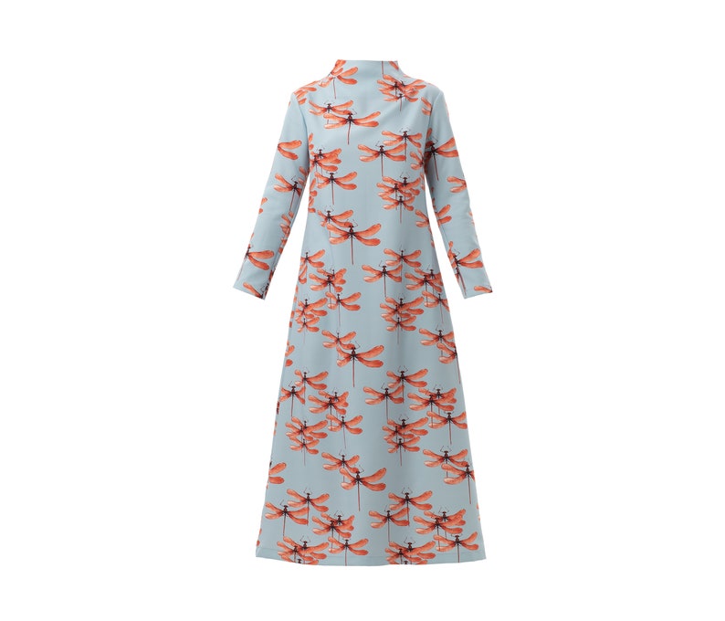 Dragonfly Print A-Line Light Blue Long Dress / Printed Dress / Stylish Dress Women / Long Sleeve A-line Dress / Designer Ankle Lenght Dress image 1