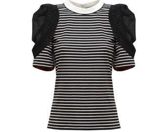Striped Knit Blouse With Mesh Puff Sleeves / Puff Sleeve Blouse Black White / Elegant Knit Shirt / Striped Office Top With Volume Sleeves