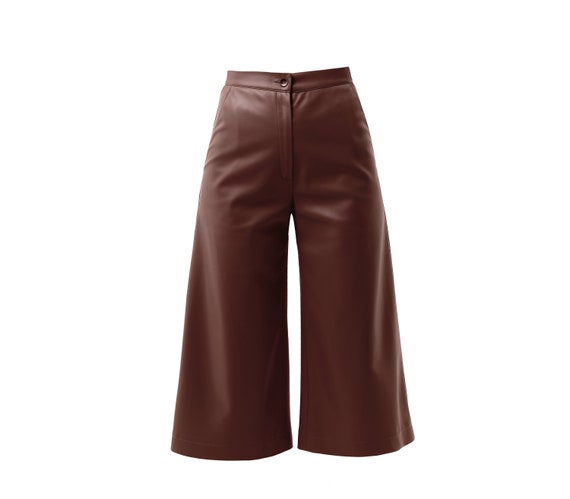 Brown Faux Leather Culottes / Black Women Crop Wide Pants / Gaucho