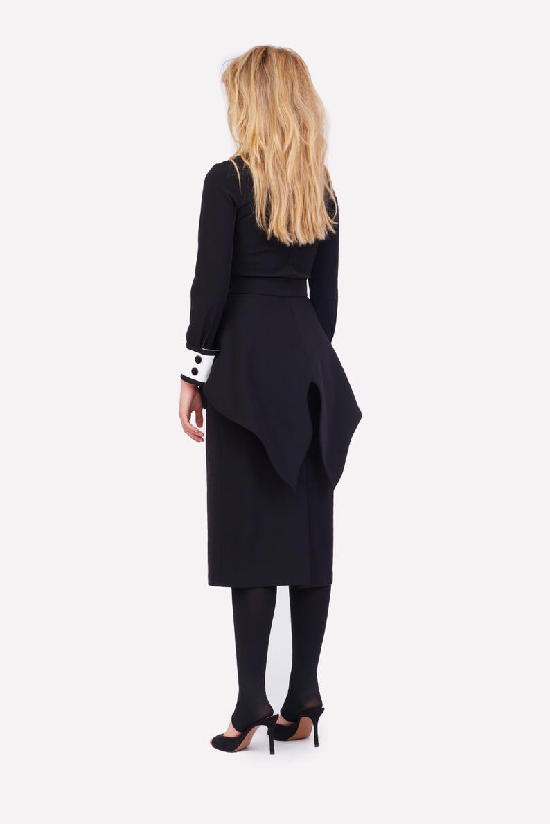 Evening Peplum Belted Dress Black - Two-Piece Set /Designer Fitted Midi Dress With Belt /Women Fashion Set / Dress long sleeves/ Party Dress image 10
