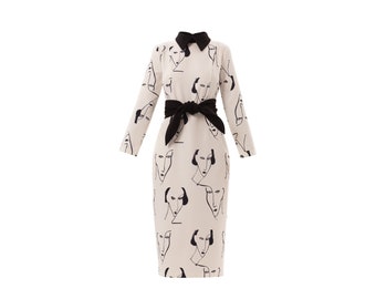 White Designer Fitted Dress With Faces Print / Printed Dress wit Belt / Stylish Long Sleeve A-line Dress Women / Designer Ankle Lenght Dress