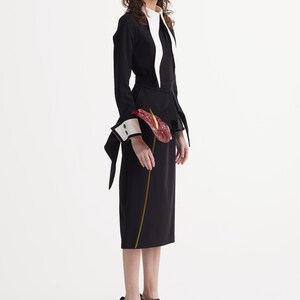 Evening Peplum Belted Dress Black - Two-Piece Set /Designer Fitted Midi Dress With Belt /Women Fashion Set / Dress long sleeves/ Party Dress image 14