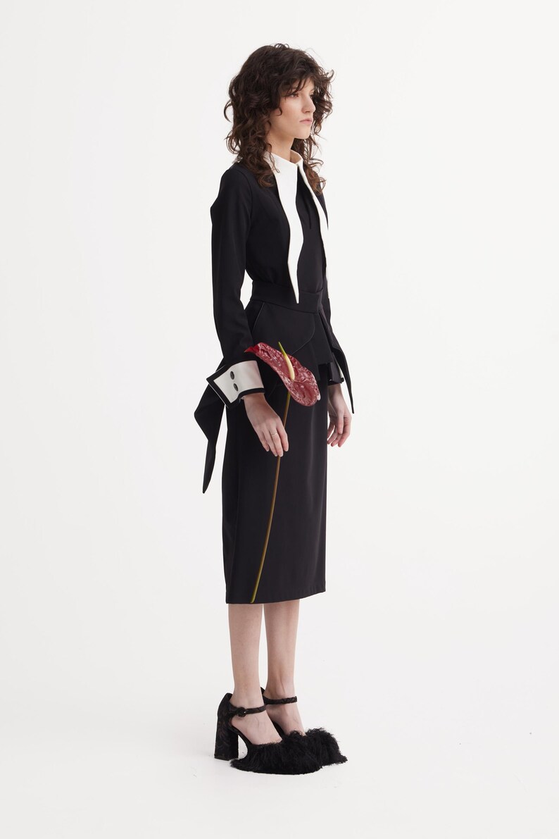 Evening Peplum Belted Dress Black - Two-Piece Set /Designer Fitted Midi Dress With Belt /Women Fashion Set / Dress long sleeves/ Party Dress image 14