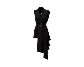 Asymmetrischer ärmelloser Blazer, schwarz / Lange taillierte Weste für Damen / Blazerweste mit Gürtel / Schwarzer Business-Blazer für Damen / Modische Weste