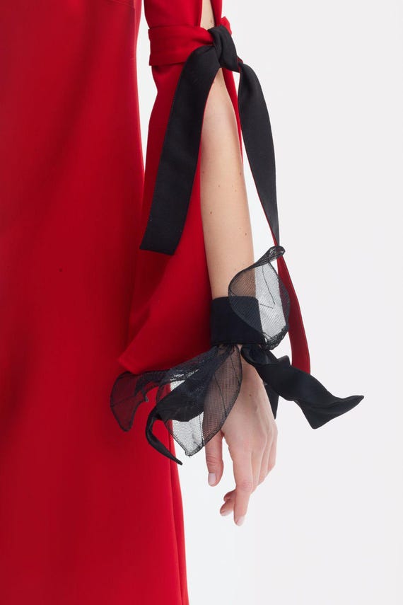 Designer Straight Slit-Sleeve Midi Dress - Red Black / Slit Sleeve Midi Dress / Ribbon Tie Sleeve Dress / Colorblock Designer Dress