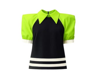 Designer Black Blouse Puff Sleeves Lime/Puff Sleeve Collar Blouse/Contrast Hem Top Women/Retro Statement Collar Shirt