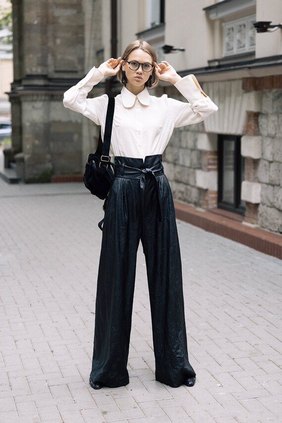 Women Black Faux Leather Trousers 