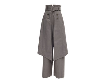 Wide Leg Trousers With Skirt Overlay Gray for women / High Waist Wide Leg Pants / Formal Flared Trousers / Fashion Pants with Belt 5 colors