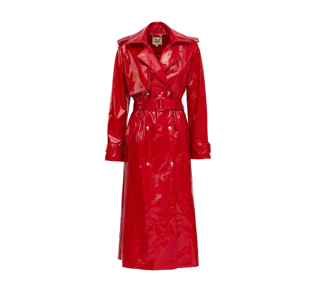 Fashion Red Lacquered Trench Coat / Designer Wrap Coat / Long Etsy