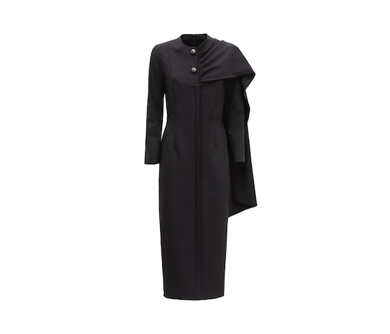Architectural Cape Sheath Midi Dress Black / Sculptural One-Shoulder Dress / Tailored Formal Midi / Elegant Evening Sheath Dress Architectural Cape Sheath Midi Dress Black / Sculptural One-Shoulder Dress / Tailored Formal Midi / Elegant Evening Sheath Dress