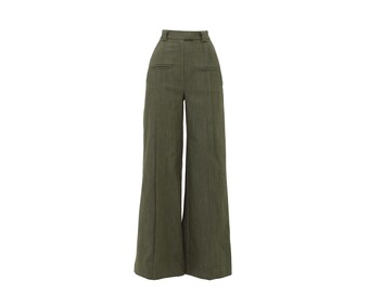 Flared Thin Denim Pants Olive / High-Waist Wide-Leg Denim Pants /Wide Leg Jeans for Women / Formal Trousers / Fashion Pants