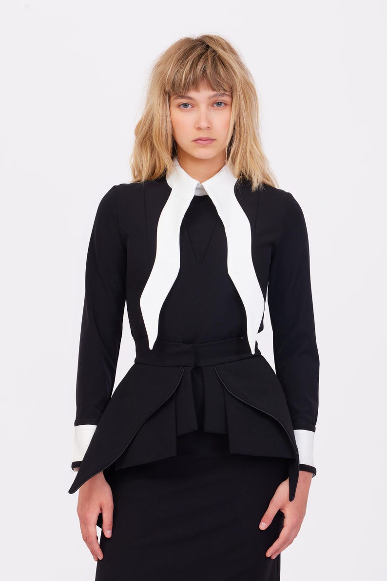 Evening Peplum Belted Dress Black - Two-Piece Set /Designer Fitted Midi Dress With Belt /Women Fashion Set / Dress long sleeves/ Party Dress image 3