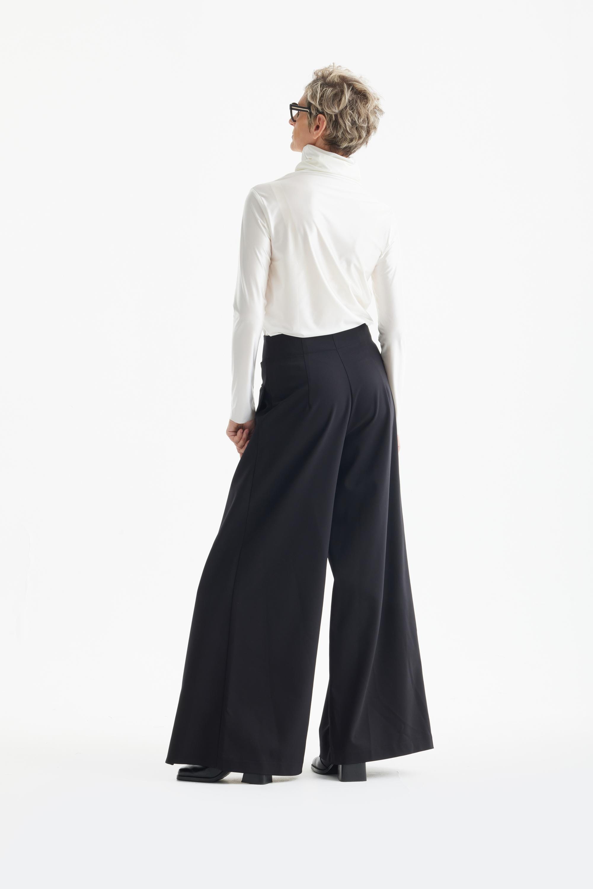 High-waisted Cotton Wrap Trousers, Skirt Effect – Black 