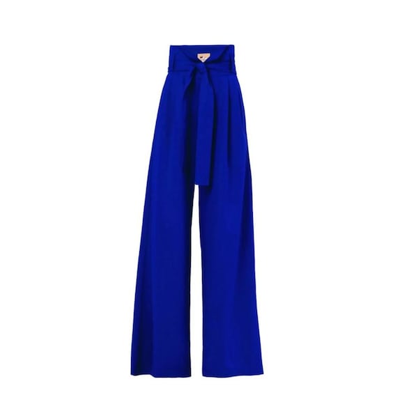 Pantalones azules de cintura alta, largos y anchos, para mujer, formales, acampanados, con cinturón, 10 colores