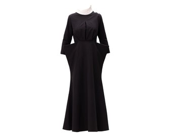 Women Black Maxi Longsleeve Dress with Belt / Fashion Long Dress for women / Evening Gown Dress