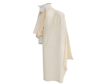 Cocktail One-Shoulder Midi Dress Ecru / Fashion Single-Sleeve Long Dress / Event Gown Dress / Designer Evening Gown Dress