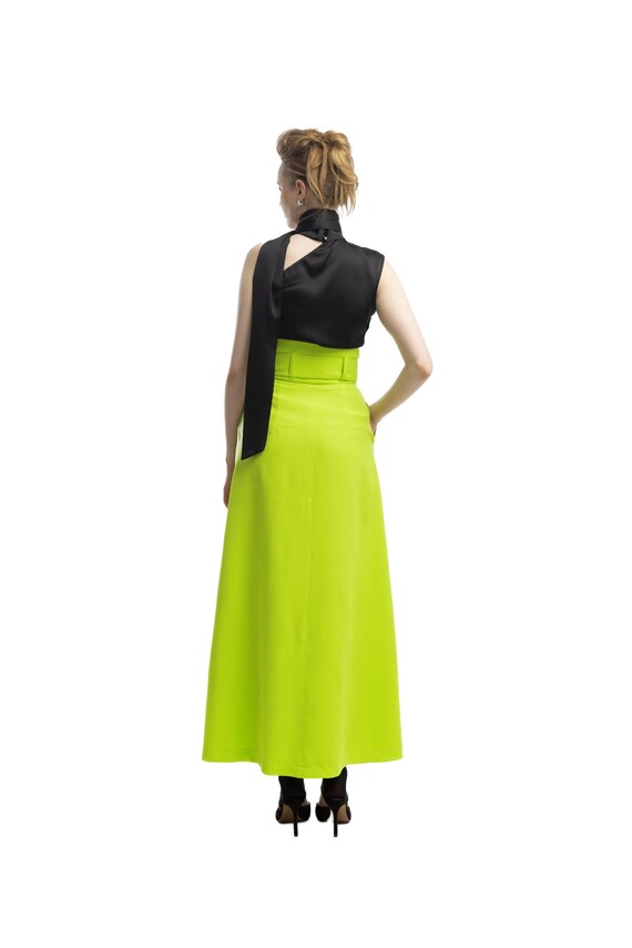 High Waist A-line Long Skirt With Belt Lime Green Midi Skirt
