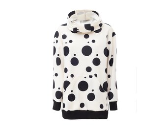 Cozy Printed Fleece Hooded Tunic White Black / Designer Polka Dot Hoodie for women / Casual Formal Top / Loose Fit Warm Sweater