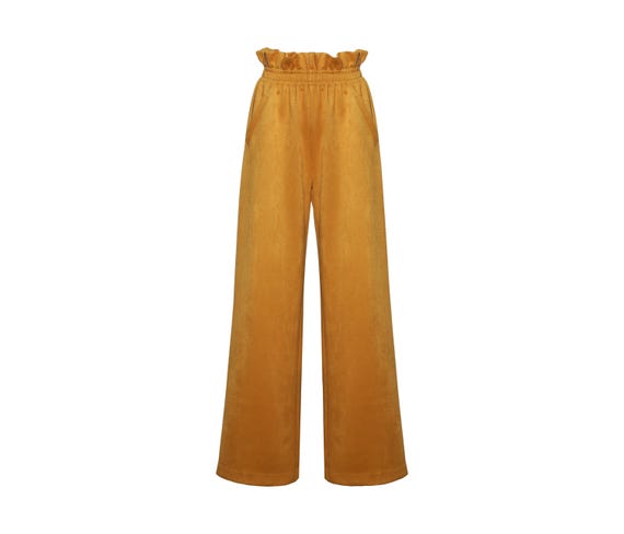 Suede Wide-leg Pants With Ruffled Waist Mustard Yellow/high-rise