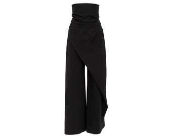 Fashion Black Wide Leg Trousers Jersey for Women/Women Casual Baggy Pants/High Waisted Designer Trousers