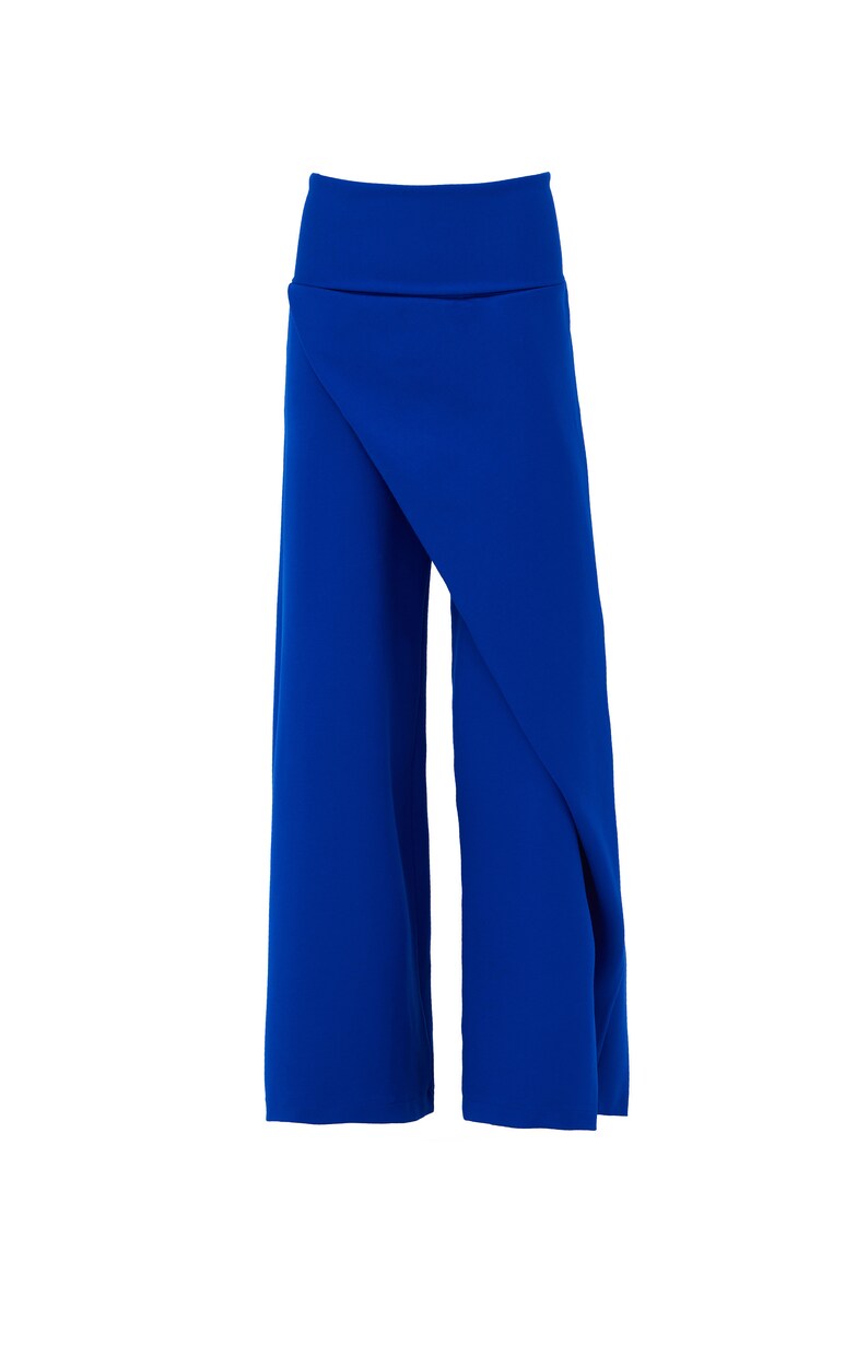 Fashion Black Wide Leg Trousers Jersey for Women / Women Casual Baggy Pants / High Waisted Designer Trousers 3 colors Blue