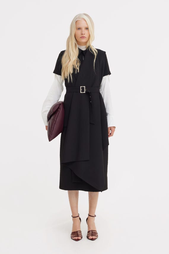 black dress with belt Black Elegant Wrap Dress, Collared Polyester Midi Dress with belt