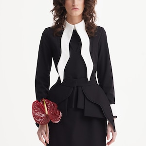 Evening Peplum Belted Dress Black - Two-Piece Set /Designer Fitted Midi Dress With Belt /Women Fashion Set / Dress long sleeves/ Party Dress image 12