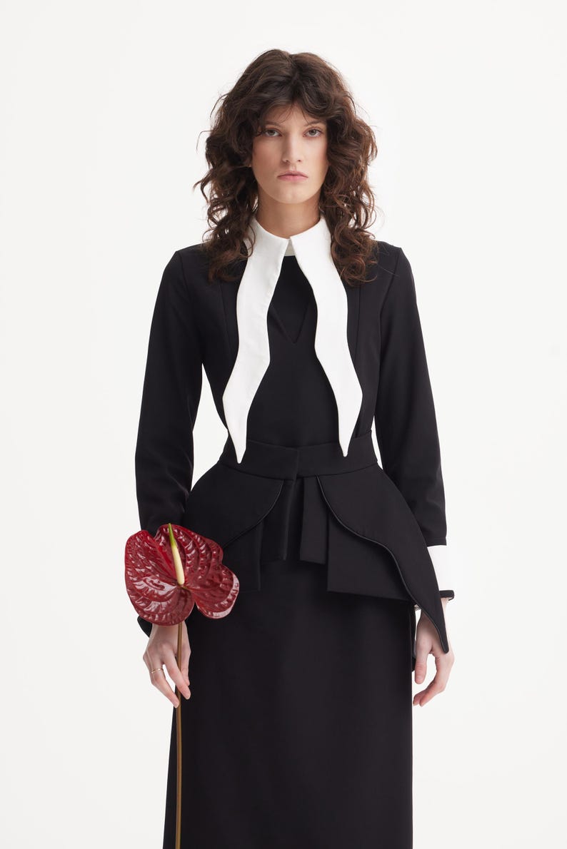 Evening Peplum Belted Dress Black - Two-Piece Set /Designer Fitted Midi Dress With Belt /Women Fashion Set / Dress long sleeves/ Party Dress image 12