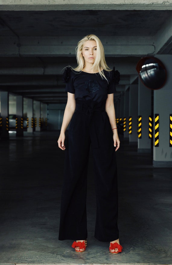 Black Wide Leg Pants With High Front Slits, Black High Waist