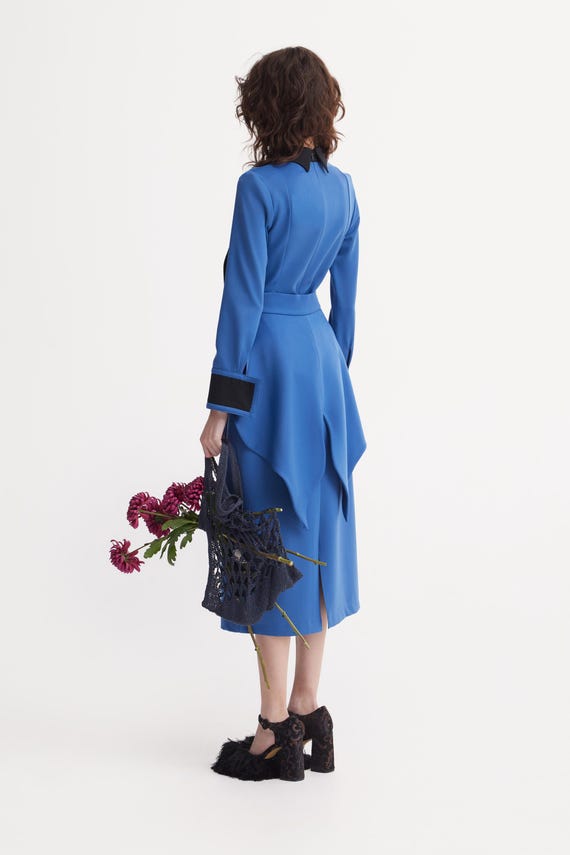 Evening Peplum Belted Dress Blue Two-piece/ Designer Fitted Midi Dress With Belt / Women Fashion Set / Dress With Long Sleeves / Party Dress - Etsy Evening Peplum Belted Dress Blue Two-piece/ Designer Fitted Midi Dress With Belt / Women Fashion Set / Dress With Long Sleeves / Party Dress - Etsy