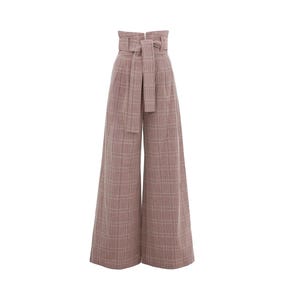 May include: High-waisted, wide-leg trousers in a muted pink and white plaid pattern. The pants feature a matching fabric belt that ties at the waist. The trousers have a tailored fit and a classic design.