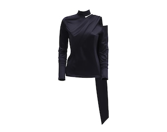 Draped Shoulder LongSleeve Blouse Black/Designer One Shoulder Blouse for women/Vintage Blouse/Open Shoulder Top Blouse/Contemporary Blouse