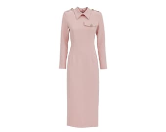 Fitted Long Sleeve Dress With Stand-Up Collar / Designer Long Elegant Dress / Fashion Ankle Lenght Dress 4 colors