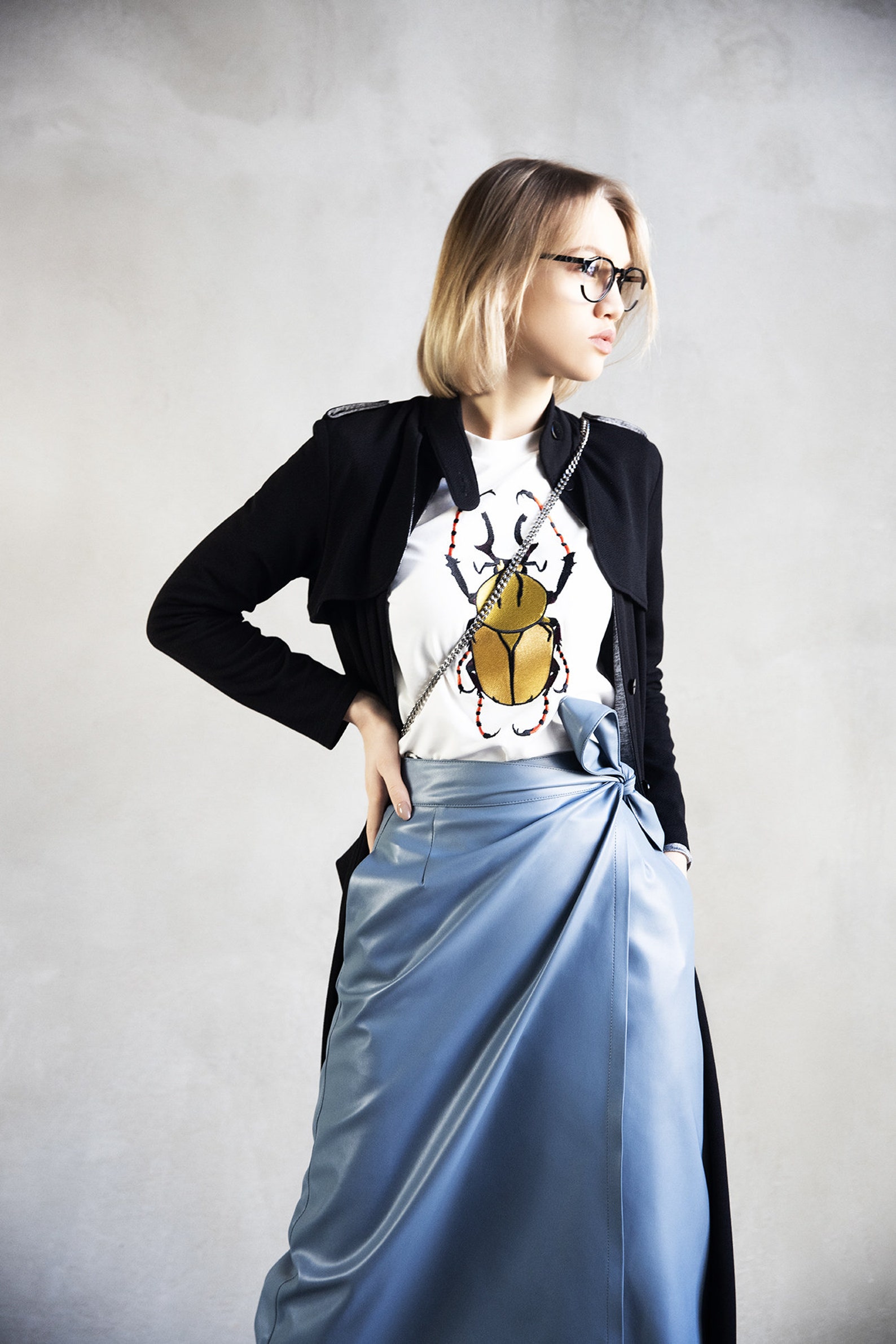 Wrap Faux Leather Skirt Light Blue / Eco Leather Midi Skirt Etsy