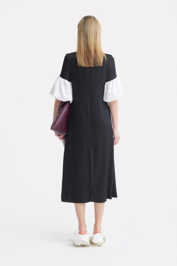 black aline work dress V-Neck Short Sleeve Belted A-Line Pleated Midi Dress, Black / S
