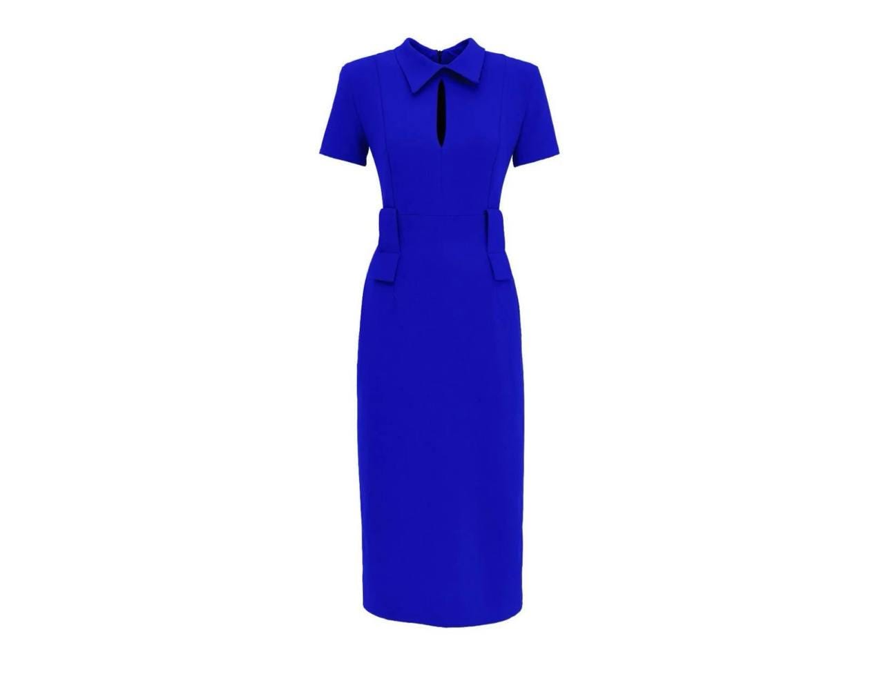 Midi Dress With Belt- Blue / Evening Gown Collared Dress / Short Sleeve Dress for Women / Casual Dress / Fitted Dress / Elegant Dress