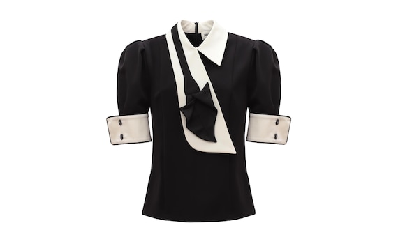 Statement Blouse With White Collar And Cuffs - Black / Asymmetric Drape Top / Office Formal Wear / Vintage Style Blouse / Tailored Fit Top