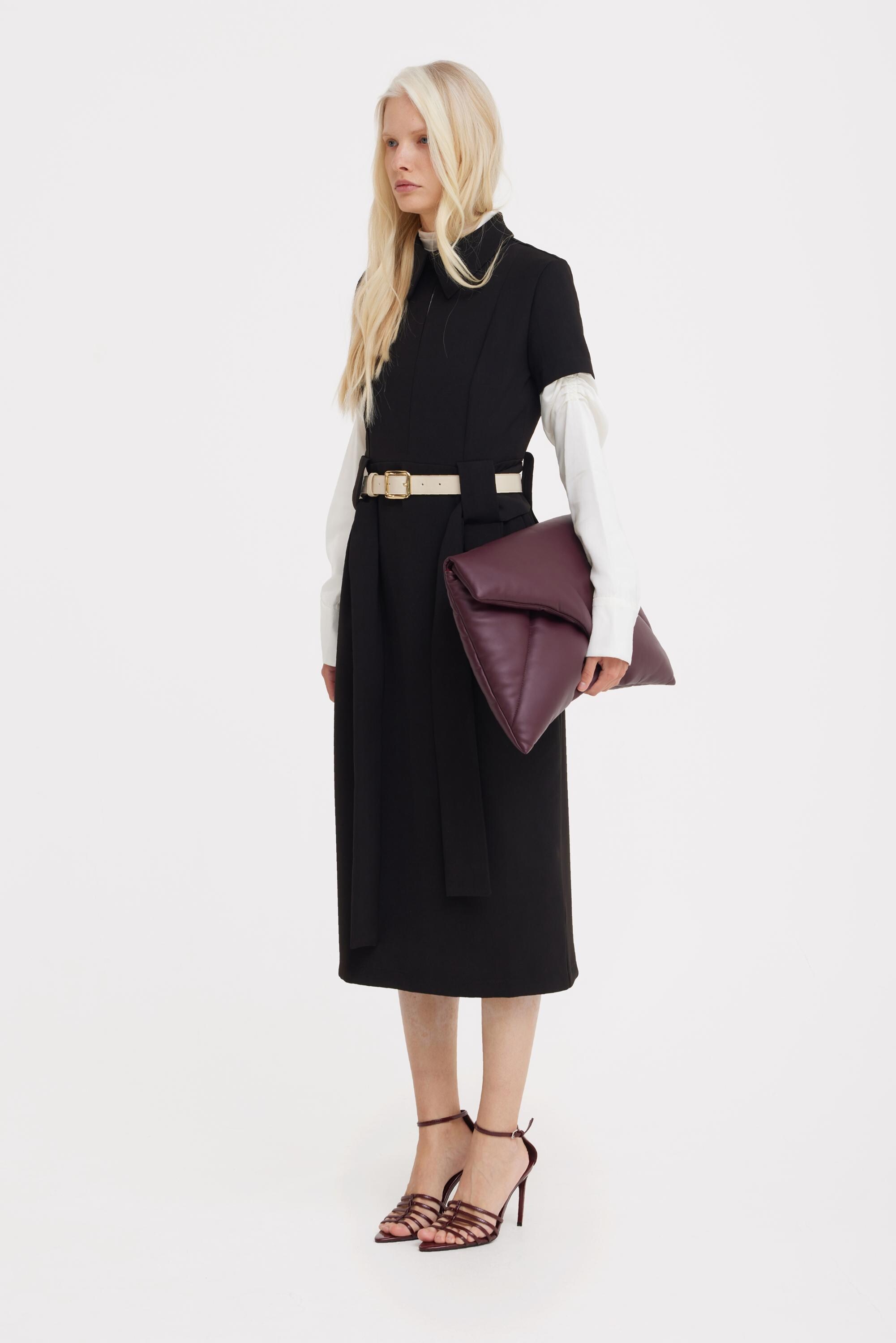 black dress with wide belt Black Boat Neck Self Belt Full Skirt Midi Dress *FINAL SALE*
